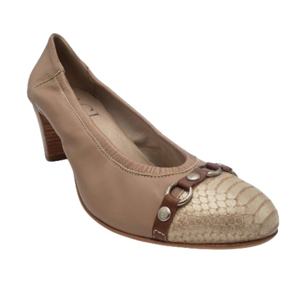 AGL Tan Leather Faux Gold Snakeskin Cap Toe Buckle Embleshished Size 42